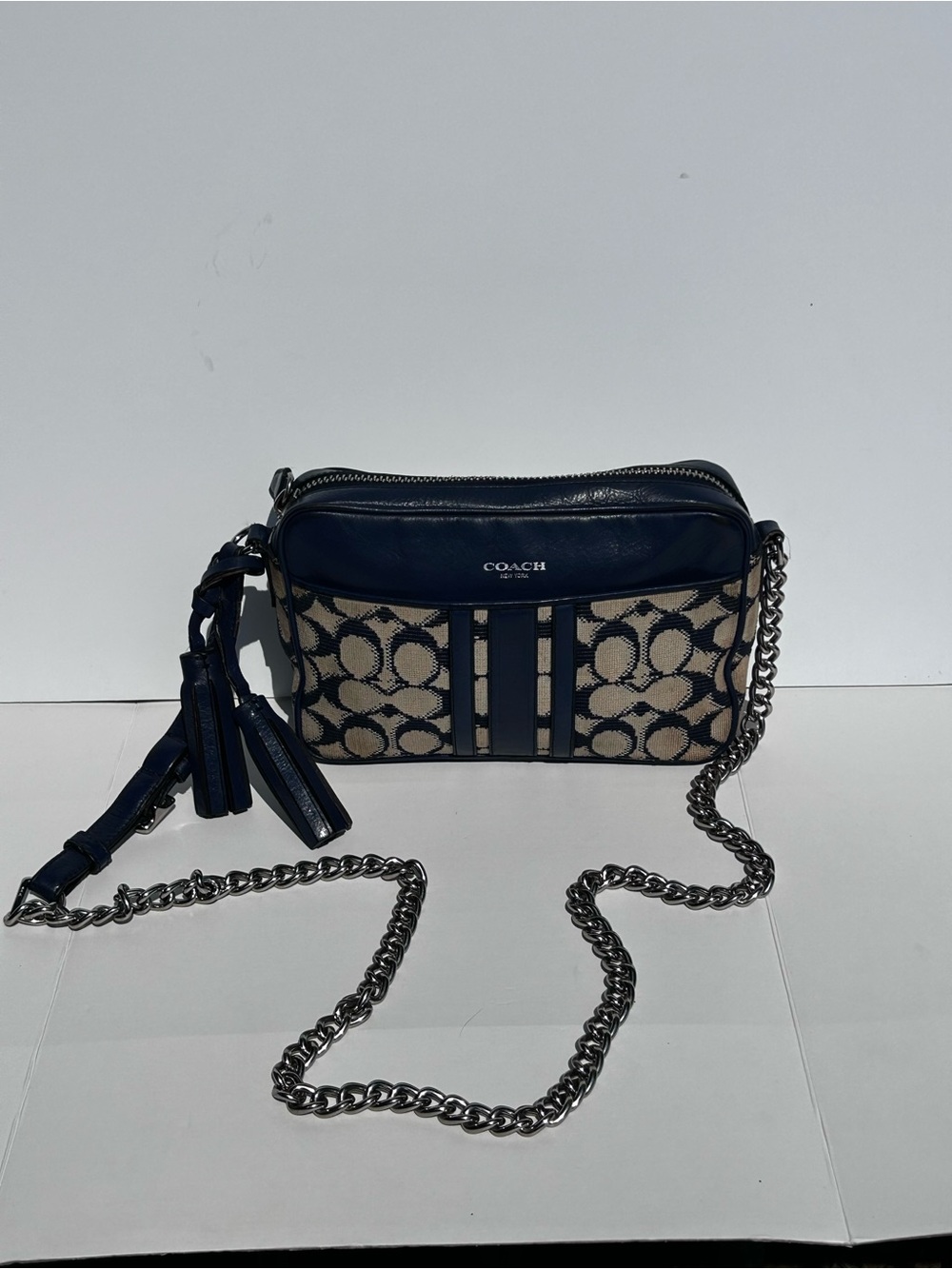 Vintage COACH Needlepoint Signature Crossbody Bag Navy Blue Tassel Purse